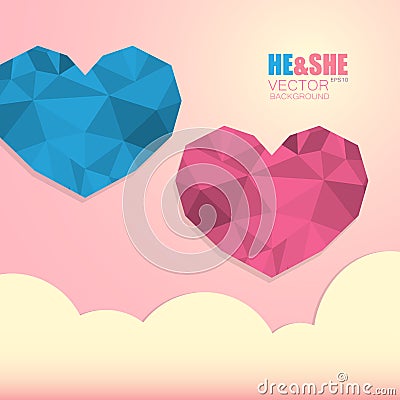 Two polygonal hearts symbol of man and woman isolated on background with clouds Vector Illustration