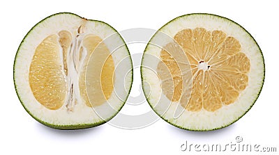 Two pomelos cut in half. Stock Photo