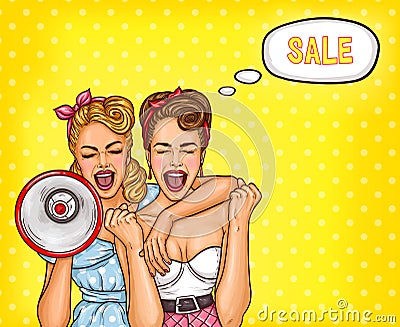 Two pop art girls are reporting a sale Vector Illustration