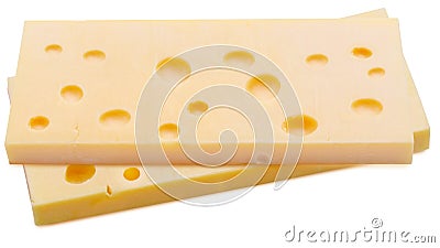 Two portions blocks of Emmental Swiss cheese. Texture of holes and alveoli. Isolated on white background Stock Photo