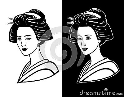 Two portraits of the young Japanese girl an ancient hairstyle. Black and white option. Vector Illustration