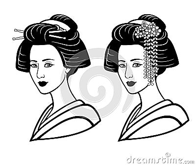 Two portraits of the young Japanese girl an ancient hairstyle. Geisha, maiko, princess. Vector Illustration