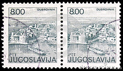 Two postage stamps printed in Yugoslavia shows Dubrovnik, Tourism-Definitive Small serie, circa 1981 Editorial Stock Photo