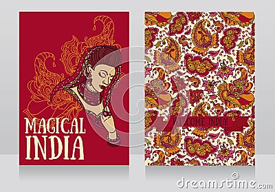 Two posters for magical india with beautiful indian woman in traditional saree and paisley ornament Vector Illustration