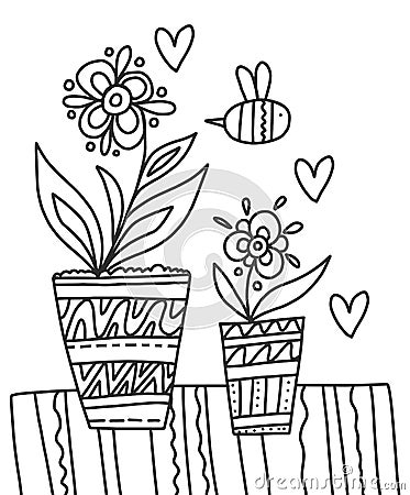 Two pots with flower coloring book for adults vector illustration. Anti-stress coloring for adult in Zentangle style. Black and Cartoon Illustration