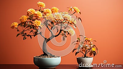 Captivating Floral Still Lifes: Bonsai Trees On Orange Background Stock Photo