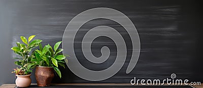 two potted plants are sitting on a table in front of a blackboard Stock Photo