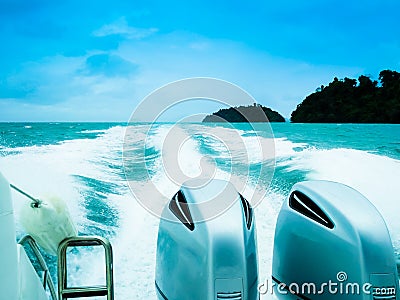 Two powerful engines mounted on the speedboat. Stock Photo