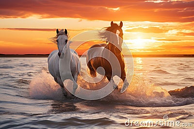 Two powerful horses gallop side by side, their hooves kicking up droplets of water as the sun sets, Two beautiful horses gallop at Stock Photo