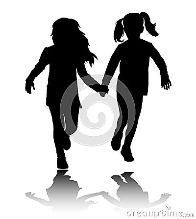 Two preschooler girls holding hands and running silhouettes Vector Illustration