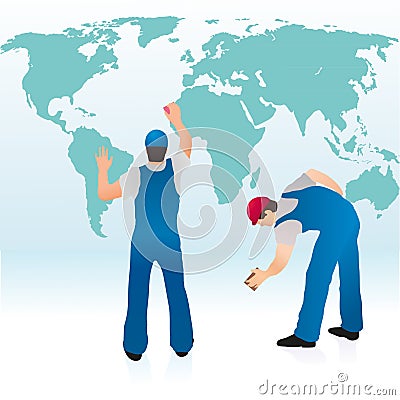 Two professionals cleaning the world`s map Vector Illustration