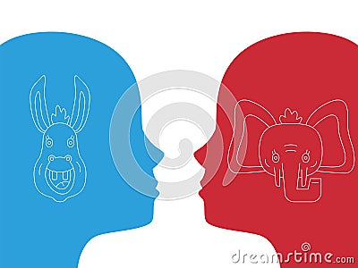 Two profiles with democrat and republican icons. Donkey Elephant Heads. Profile Democrat Republican. Two face to face men Vector Illustration