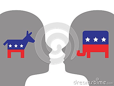 Two profiles with democrat and republican icons. Donkey Elephant Heads. Profile Democrat Republican. Two face to face men Vector Illustration