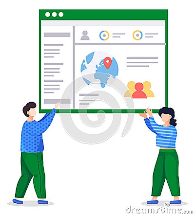 Two programmers create landing page for social website, isolated people holding website page Vector Illustration
