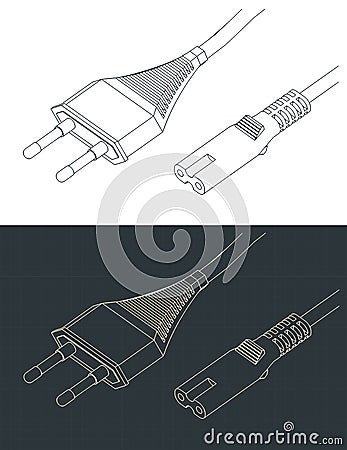 Two prong power cord isometric drawings Vector Illustration