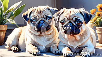 Two pug puppies resting side by side. AI created. Stock Photo