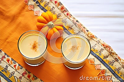 two pumpkin spice lattes in togo cups on a fallcolored tablecloth Stock Photo