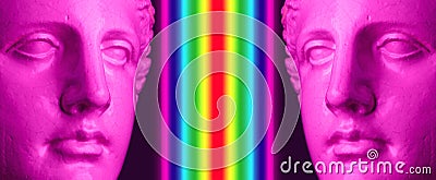 Two purple pink antique bust on a conceptual art background with rainbow . Contemporary art collage. Stock Photo
