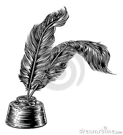 Quill Feather Pens and Inkwell Vector Illustration