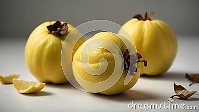 Two quinces close-up on a white. Stock Photo