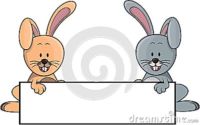 Two Rabbit Holding Banner Color Illustration Vector Illustration