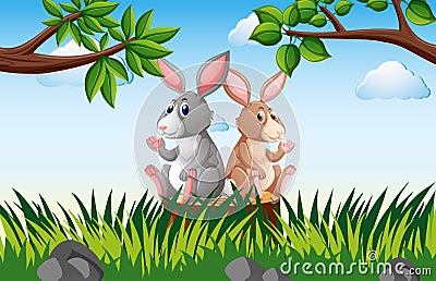 Two rabbits on the stump Vector Illustration