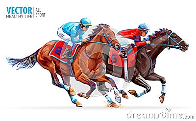 Two racing horses competing with each other. Sport. Champion. Hippodrome. Racetrack. Equestrian. Derby. Speed. Isolated Vector Illustration