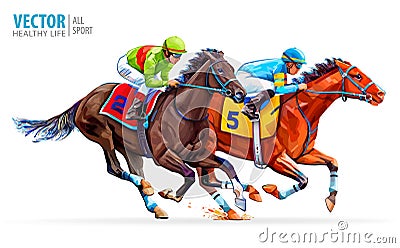 Two racing horses competing with each other. Sport. Champion. Hippodrome. Racetrack. Equestrian. Derby. Speed. Isolated Vector Illustration