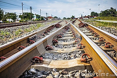 Two railway tracks merge together Stock Photo