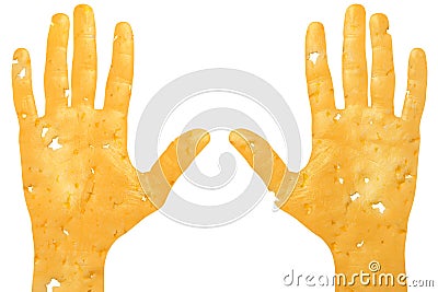 Two raised hands carved out of cheese, a sign of help or surrender on a white isolated background Stock Photo