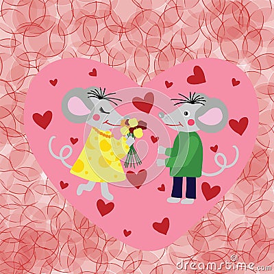 Two rats or mouses in love, mouse man give flowers mouse lady, hearts on background. Cartoon style digital drawing for calendar Vector Illustration