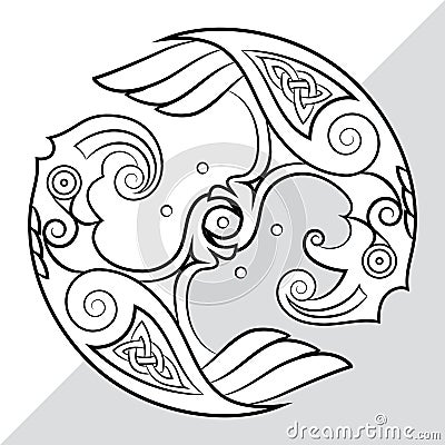 Two Ravens Of The God Odin In Scandinavian Style. Huginn and Muninn Vector Illustration