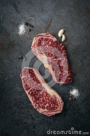 Two raw, fresh Wagyu marbled beef steaks Stock Photo
