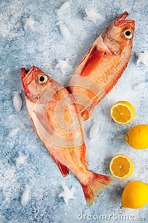 Two raw red porgies with lemons on blue background Stock Photo