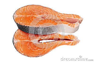 Two raw salmon fish steaks, isolated on white. Stock Photo