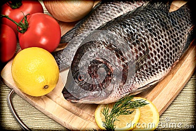 Two Raw Tilapia Fish in Vintage Style Photograph Stock Photo