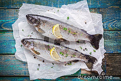 Two raw trouts on paper with thyme and lemon slices Stock Photo