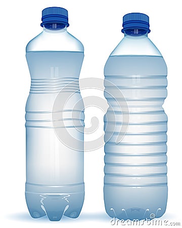 Two realistic plastic bottles with water with close blue cap on Vector Illustration