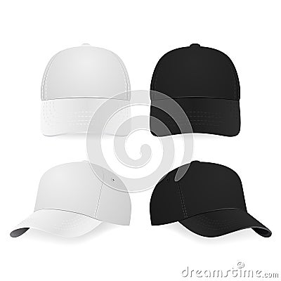 Two realistic white and black baseball caps Vector Illustration