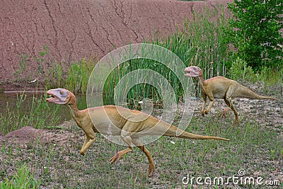 The two of reconstructions of Mesozoic reptiles and amphibians Editorial Stock Photo