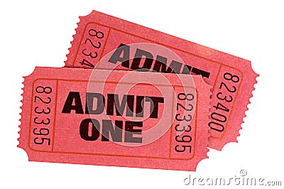 Two red admit one retro movie tickets isolated Stock Photo