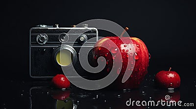 Romanticized Nostalgia: Red Apple And Canon M50 Camera In Dreamlike Imagery Stock Photo