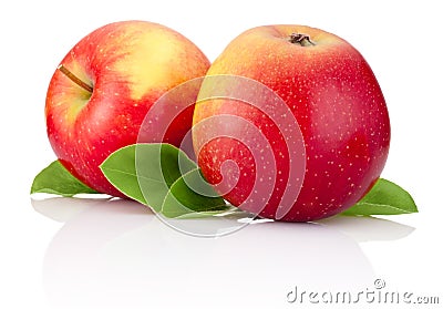 Two red apples fruits and green leaves isolated Stock Photo