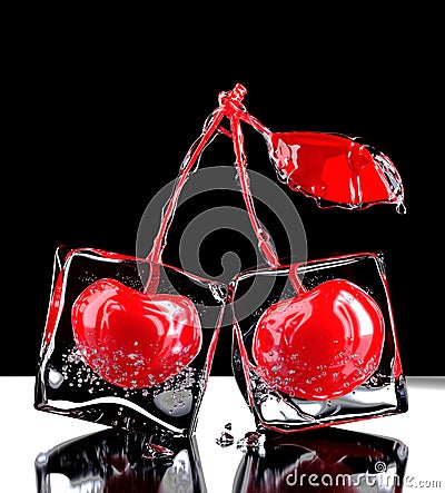 Two cherries with ice. 3D rendering Stock Photo