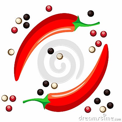Two red chili peppers and red, black and white peppercorns. Peppers set Vector Illustration