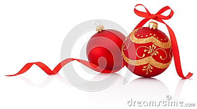 Two Red christmas decoration balls with ribbon bow isolated Stock Photo