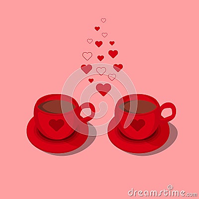 Two red cups of hot chocolate with heart ornament and steam like the shape of little hearts. Love greeting card vector Vector Illustration