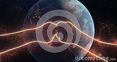 Two red fists collide, bumping in space among zoom in planet earth rotating, stars. Abstraction, 3d render, neon glowing Cartoon Illustration
