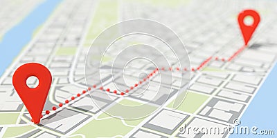 Two red location markers and route on abstract flat city map background, travel, navigation, route finding or gps location concept Cartoon Illustration