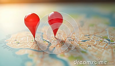 Two red location pin pointers mark destination on a city map. Travel route planning, navigation, global positioning system and Stock Photo